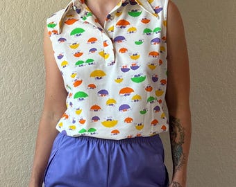70s Novelty Print Blouse Vintage Umbrella Print Dagger Collar Top 70s Dagger Collar Tank Top 70s Umbrella Novelty Print Top 70s Lane Bryant