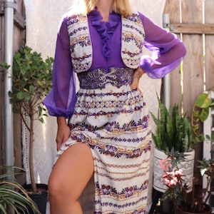 70s Purple Maxi Dress Vintage Glam Dress 70s Cher Gown Silver Gold Dress Shimmery Psychedelic Maxi Dress Matching Vest and Belt