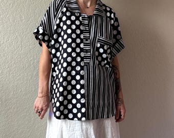 90s Funky Geometric Top 90s Striped Polka Dot Top Black White Geometric Top Vintage AC Sport Top Vintage Monochrome Top 90s Top