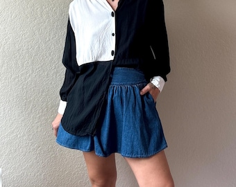 80s Black White Button Up Top 80s Colorblock Top 80s Jukebox Top Vintage Black White Button Up Vintage Colorblock Button Up 80s Rayon Top