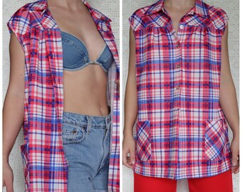 70s Plaid Top Vintage Button Up Tank Top Red White Blue Summer Top w/ Pockets