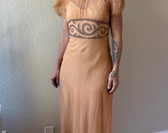 1920s Organza Dress Antique Organza Gown 1920s Peach Sheer Organza Dress 1920s Cap Sleeved Dress