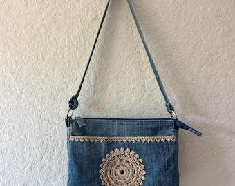 Y2K Xhilaration Denim Purse Vintage Denim Macrame Purse Y2K Denim Purse Vintage Xhilaration Denim Embroidered Boho Purse
