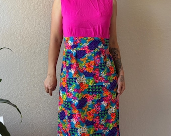 70s Hot Pink Floral Maxi Dress Bright Vintage Dress 70s Bright Floral Maxi Dress Vintage Mockneck Maxi Dress 70s Hot Pink Floral Dress