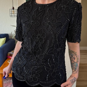 80s Beaded Silk Top 80s Black Beaded Top Vintage Silk Beaded Blouse 80s Silk Blouse Vintage Black Beaded Top Silk Floral Beaded Blouse