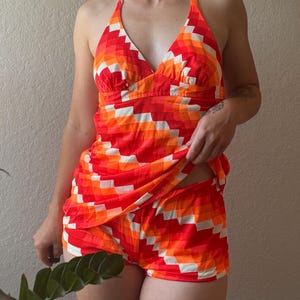 70s JCPenney Tankini Swimsuit Vintage Halter Swimsuit 70s Orange White Swimsuit Vintage Tankini 70s Two Piece Swimwear Vintage 2 Piece Swim