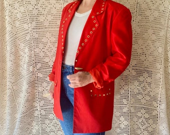 80s Red Silk Jacket Vintage Silk Blazer Red and Gold Silk Jacket 80s Memphis Jacket Red Elvis Jacket