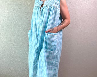 Vestido de cuadros vichy de los años 70 Vestido de algodón de los años 70 Vestido de algodón vintage Vestido de cuadros vichy vintage Vestido de cuadros vichy azul de los años 70 Camisón de algodón vintage con bolsillos