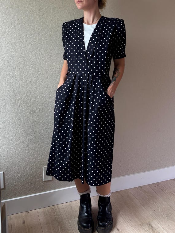 80s Cotton Polka Dot Dress Black White Polka Dot Dress 80s Polka Dot Dress 80s Peri Petites Vintage Polka Dot Cotton Dress w Pockets