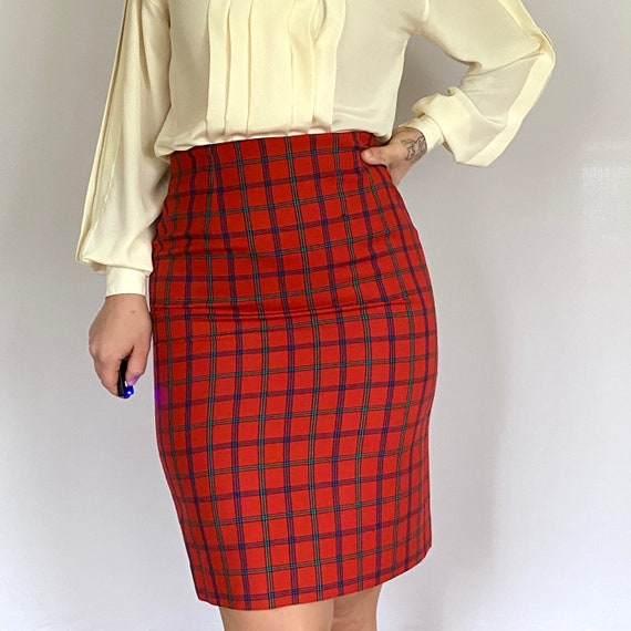 80s Plaid Skirt Vintage Wool Skirt Red Plaid Skir… - image 1