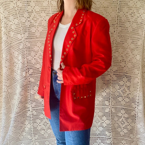 80s Red Silk Jacket Vintage Silk Blazer Red and G… - image 2