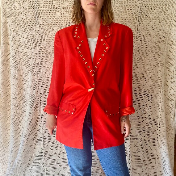 80s Red Silk Jacket Vintage Silk Blazer Red and G… - image 3