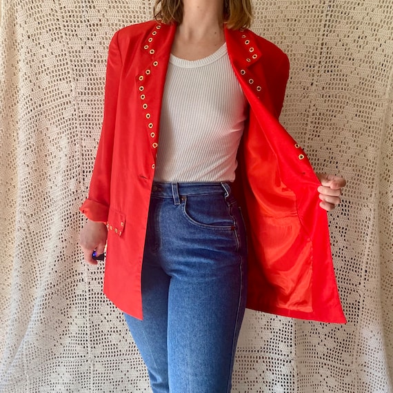 80s Red Silk Jacket Vintage Silk Blazer Red and G… - image 5