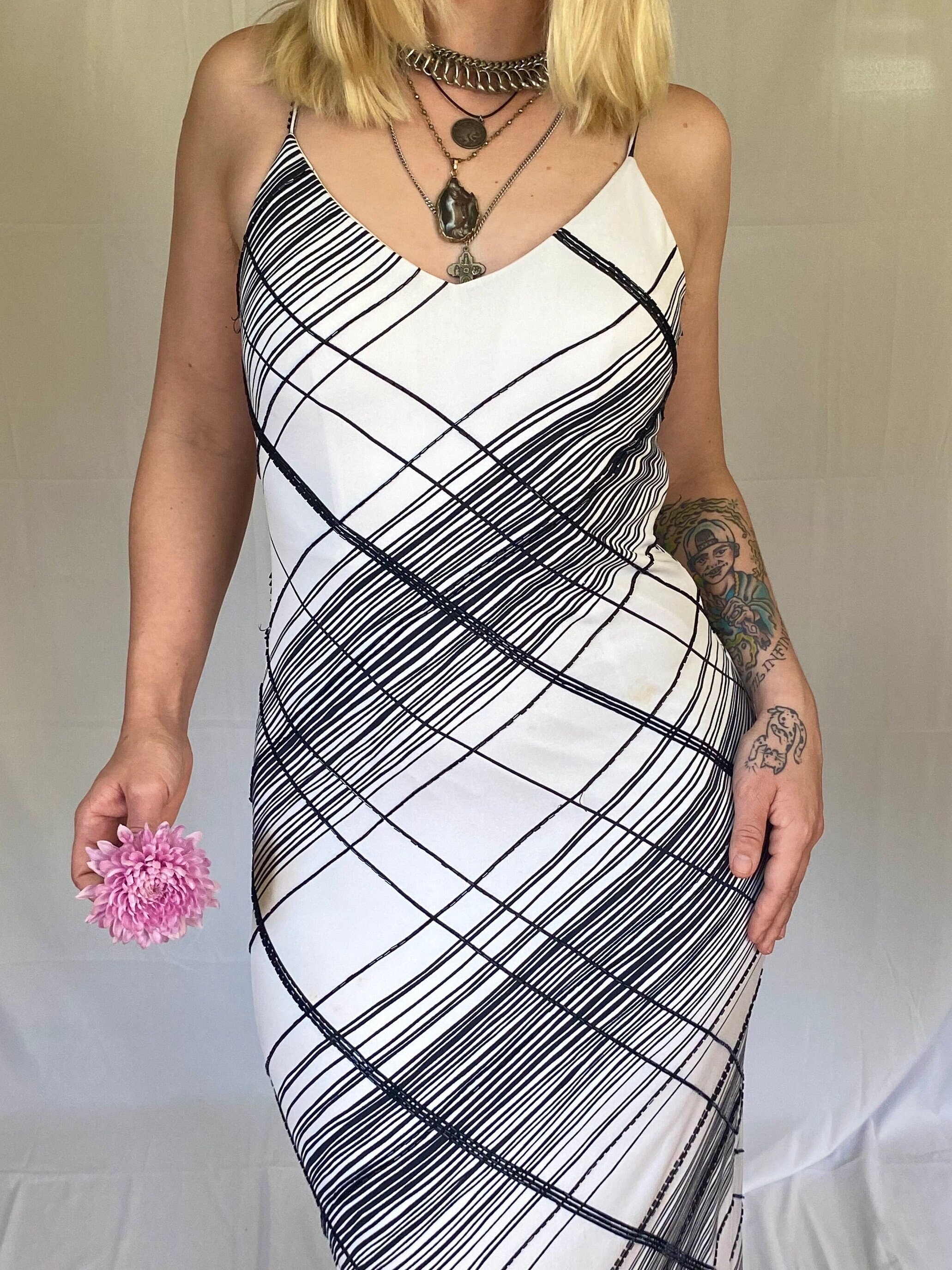 Y2K galajurk Vintage galajurk met kralen Y2K jurk met kralen Zwart wit gestreepte jurk Vintage formele jurk Zwart witte jurk met kralen La Nuit Etsy Nederland