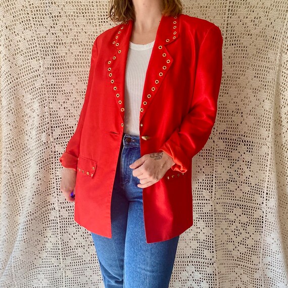 80s Red Silk Jacket Vintage Silk Blazer Red and G… - image 4