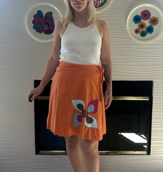 Y2K Orange Wrap Skirt Vintage Floral Wrap Skirt Y2K Wrap Skirt Floral Patchwork Skirt Vintage Orange Wrap Skirt Fall Floral Wrap Skirt