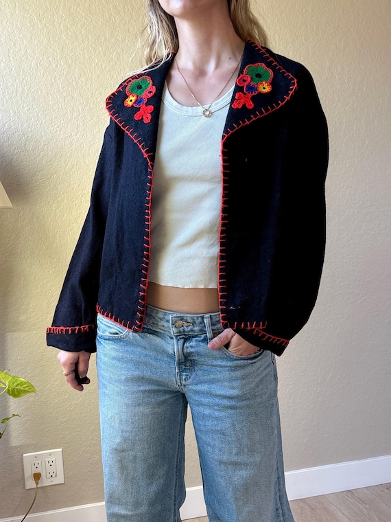 60s Felted Jacket Floral Felt Coat 60s Folk Art Felt Coat 60s Felt Jacket Black Red Floral Jacket Vintage Felted Coat 60s Floral Jacket
