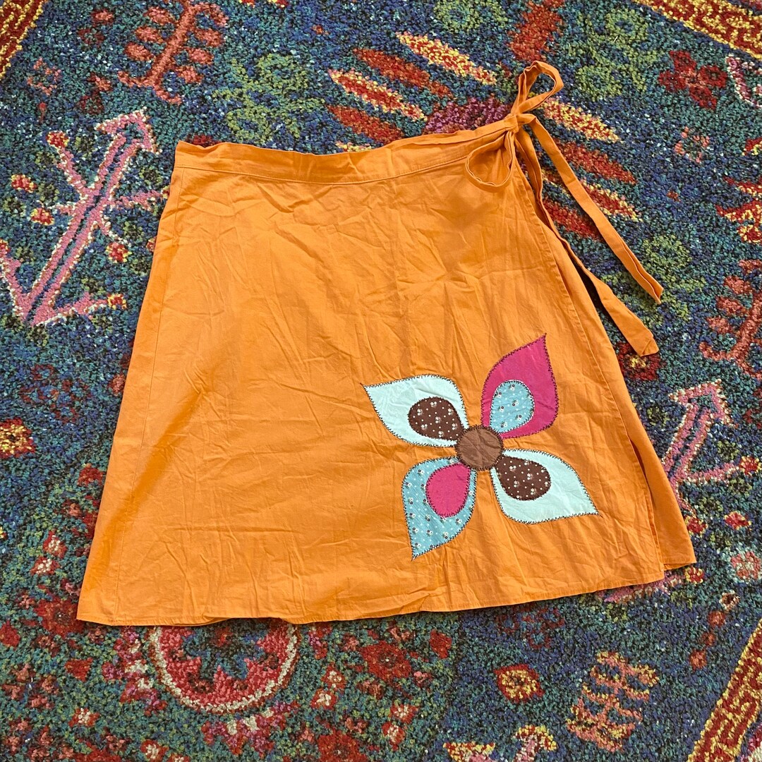 Y2K Wrap Skirt Orange Floral Summer Skirt Vintage Wrap Skirt Etsy