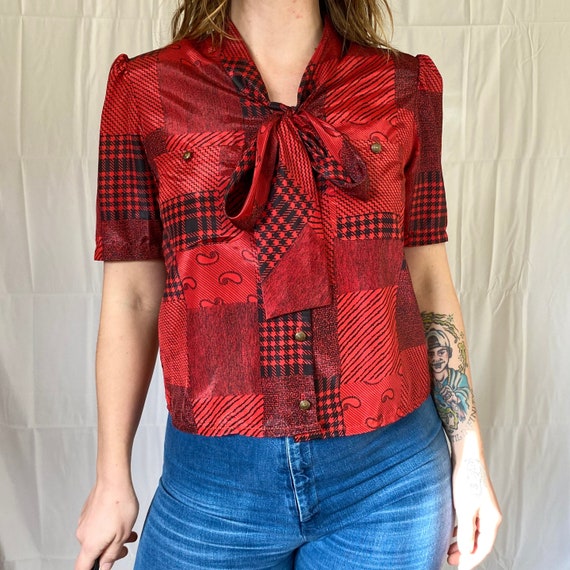 70s 80s Patchwork Blouse Vintage Patchwork Plaid … - image 1