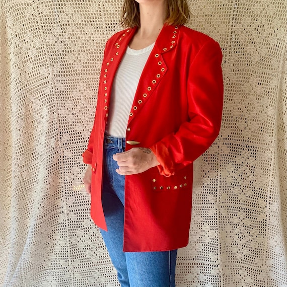 80s Red Silk Jacket Vintage Silk Blazer Red and G… - image 1