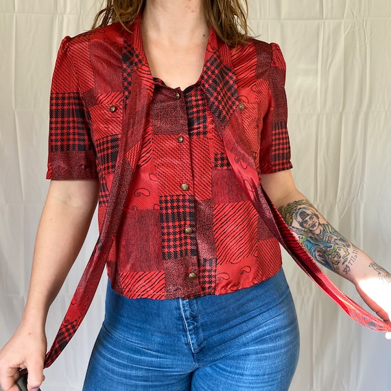 70s 80s Patchwork Blouse Vintage Patchwork Plaid … - image 6