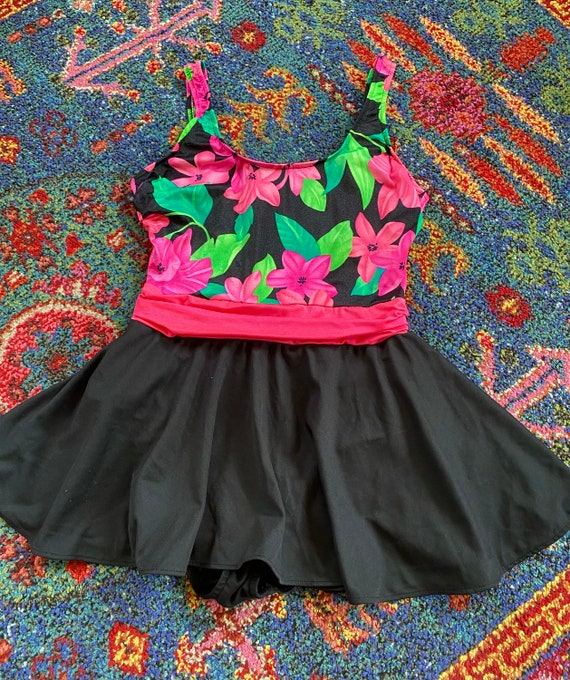 90s Vintage Swimsuit Floral Pink Black Swimwear V… - image 3