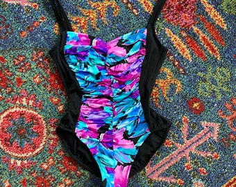 90s Swimsuit Colorful One Piece Shapewear Vintage Blue Purple Black Swimwear by Swim Shaper