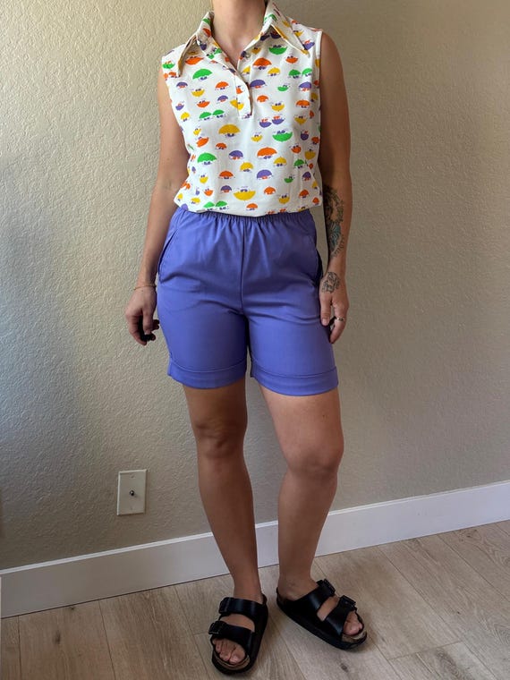 70s Novelty Print Blouse Vintage Umbrella Print Dagger Collar Top 70s Dagger Collar Tank Top 70s Umbrella Novelty Print Top 70s Lane Bryant