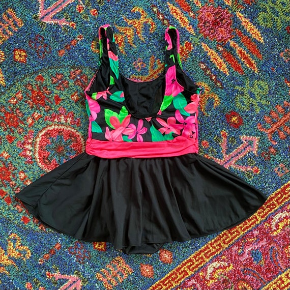 90s Vintage Swimsuit Floral Pink Black Swimwear V… - image 6