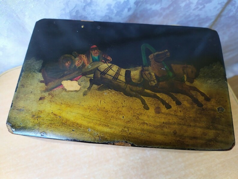 Vintage old antique USSR Soviet LAQUER BOX Hand painting Harness horse sleigh