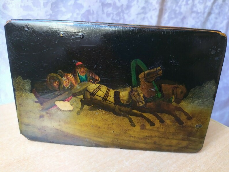 Vintage old antique USSR Soviet LAQUER BOX Hand painting Harness horse sleigh