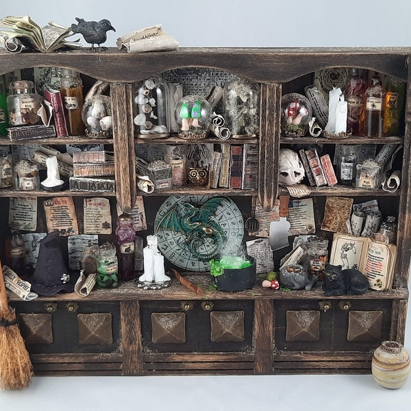 Janet's Fairy Miniatures - Bookcase #41: Witch/Wizard Apothecary Workshop Shelves