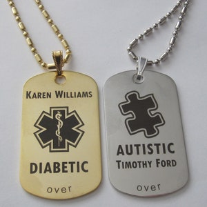 Custom Engraved Medical Alert Tag Gold or Silver - keep your loved ones safe