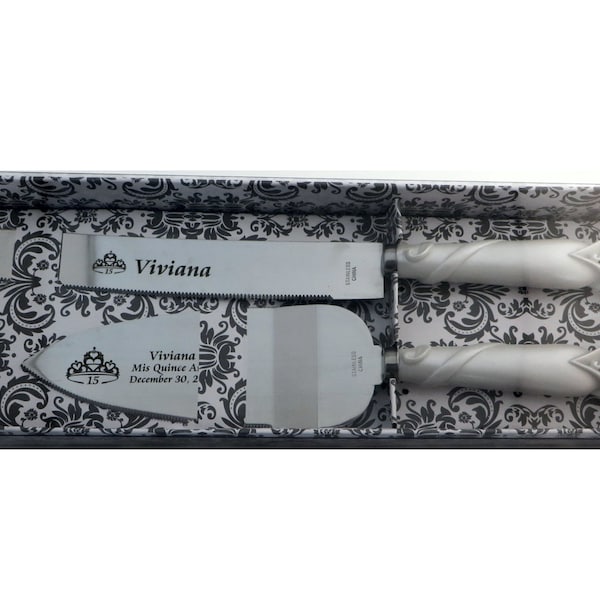 Quinceanera Cake Knife and Server Set Linked Hearts - Free Dark Engraving - Mis Quince Anos