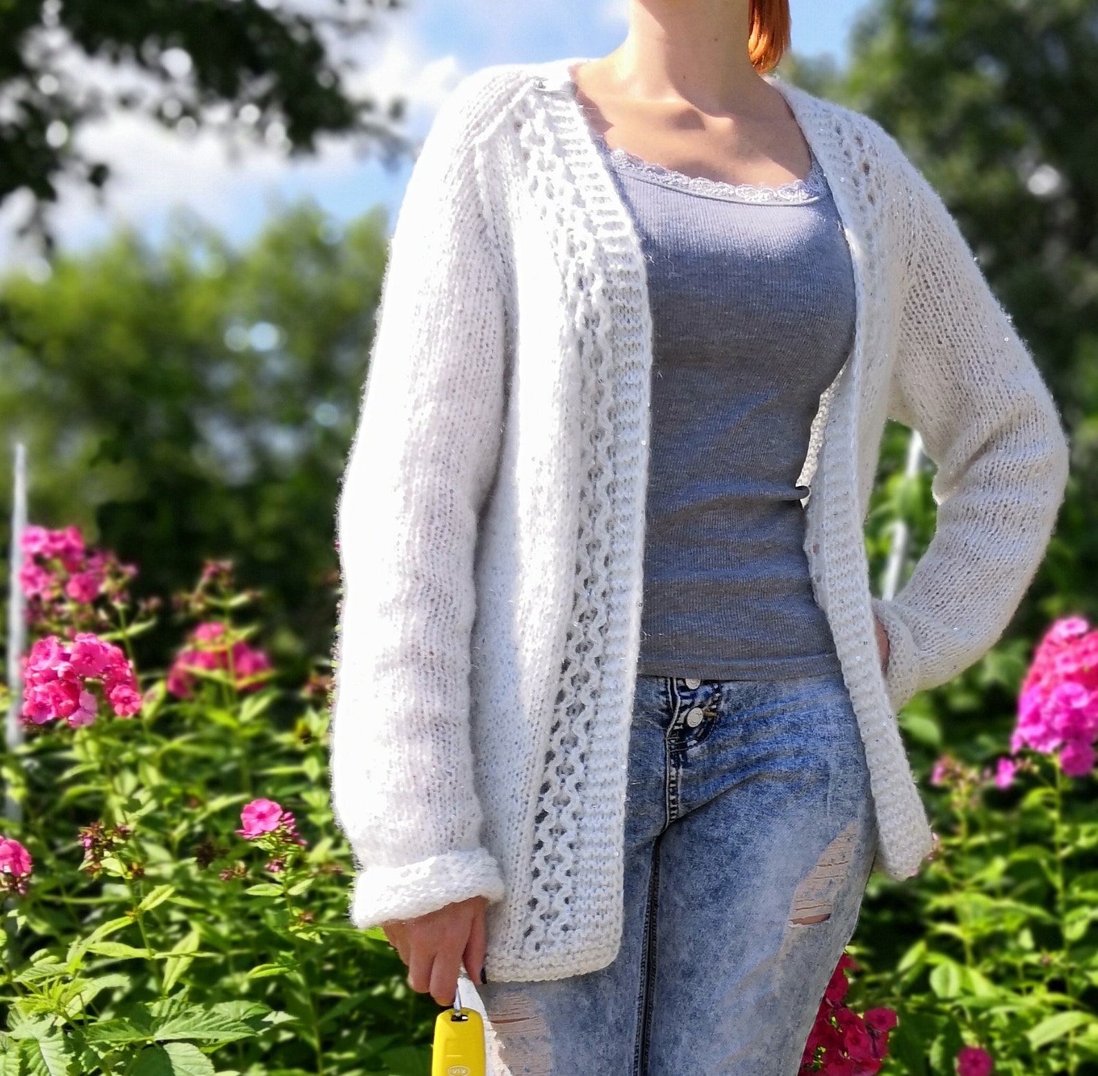 White fluffy mohair cardigan with payette 100 handmade. Etsy