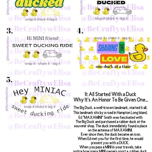 Può includere: Una grafica con testo e illustrazioni su auto MINI e paperelle di gomma. Sono incluse frasi come "You've been ducked" e "Sweet ducking ride", insieme a immagini di paperelle e un'auto MINI. Il testo incoraggia la condivisione e il tag.