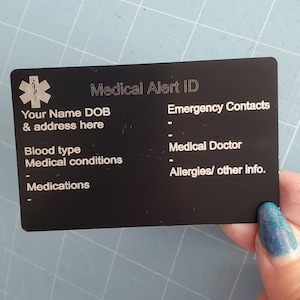 Laser engraved -Medical alert ID keychain, & wallet card, aluminum custom laser engraved emergency contact, personalized metal medical alert