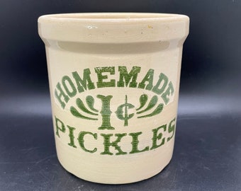 Vintage HOMEMADE 1 Cent PICKLES Crock Utensil Jar FRIENDS Monica's Kitchen Small 1/4 Gallon Handmade Ceramic Pottery Primitive