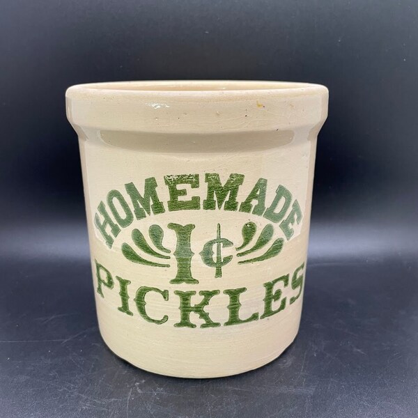 Vintage HOMEMADE 1 Cent PICKLES Crock Utensil Jar FRIENDS Monica's Kitchen Small 1/4 Gallon Handmade Ceramic Pottery Primitive