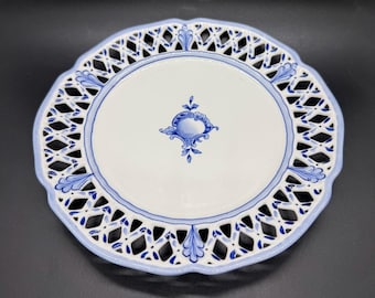 Vintage Rorstrand Sweden Reticulated Plate Blue White Porcelain Fruit Motif 8.5"