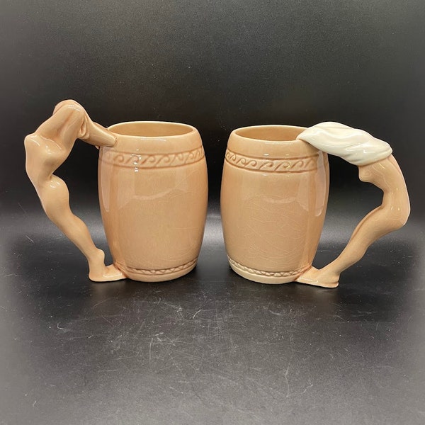 Vintage Dorothy Kindell Signed Nude Stripper Ceramic Mugs Barware Set of 2, 1940s Naughty Resque Strip Tease