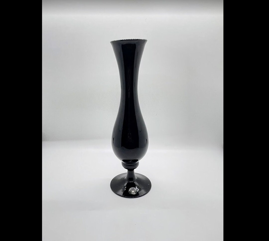 Black Glass Bud Vase Footed Pedestal Tulip Bulb Midcentury Etsy