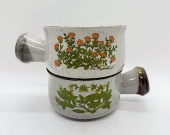 Vintage 1970s Takahashi Herb Wildflower Handle Bowls Speckled Stoneware Pottery