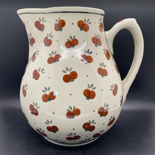 Polish Pottery Large Wild Cherry Pitcher Ceramika Artystycnza Boleslawiec Rare Hard to Find 3 Liter 101 Ounces Hand Painted Stickered Marked