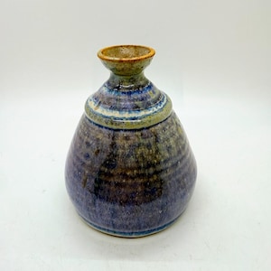 Studio Art Pottery Bud Vase Weed Pot Blue Purple Drip Stoneware Signed 4.5"