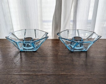Vintage Fostoria Glass Sakier Design Candleholders Azure Blue