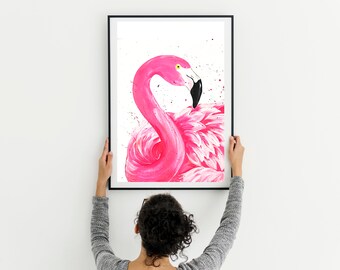 May include: A framed watercolor painting of a pink flamingo with black accents. The flamingo's head is turned to the side, and its beak is open slightly. The painting is set against a white background.