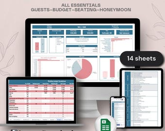 May include: A digital wedding planner template displayed on a laptop, tablet, smartphone, and monitor. The planner includes sections for guests, budget, seating, and honeymoon. Text on the image reads "Compact Wedding Planner" and "Instant Download."