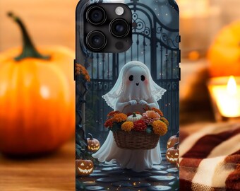 May include: A phone case featuring a cartoon ghost holding a basket of flowers and pumpkins. The design has a Halloween theme with a spooky gate background and jack-o'-lanterns. The case is a dark color with a glossy finish.