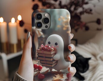 Spökskal för mobilen, sött Halloween-kawaii-skal, höstdekor, present till bokälskare, tekniktillbehör, läskigt iPhone-skal